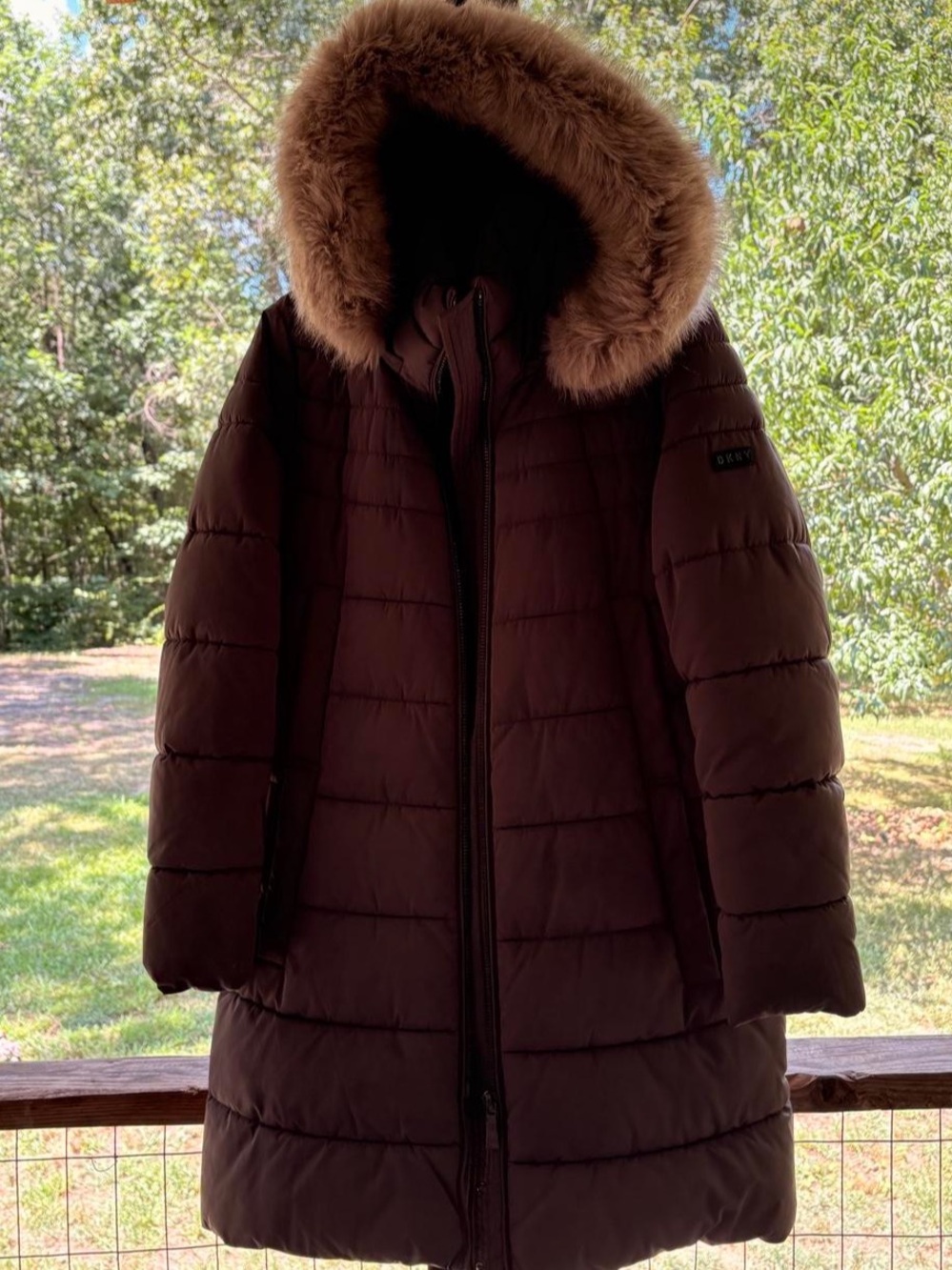 DKNY Dark Brown Long Puffer Coat with Faux Fur Hood